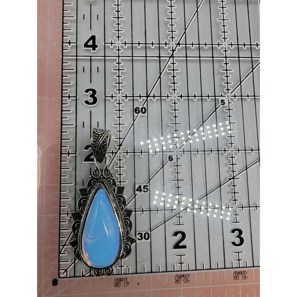 Boho-Style Opalite Teardrop Pendant Repousse Swirl Silver Plated Metal Setting - Picture 10 of 10